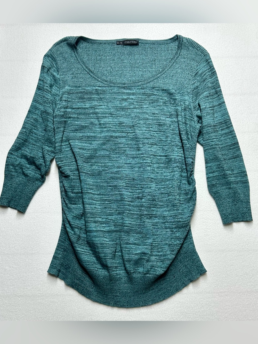Maurices Teal Knit Sweater – Women’s 2X, Rushed Sides, Scoop Neck, 3/4 Sleeve